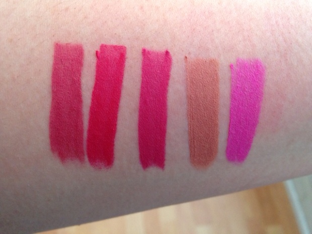 TrueColour Perfect Matte Lipsticks in From LEFT to RIGHT Mauve Matters, Ravishing Rose, Adoring Love, Au Naturale, Electric Pink