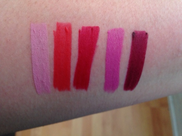Avon TrueColour Perfect Matte Lipstick From LEFT to RIGHT Posh Petal, Coral Fever, Red Supreme, Ideal Lilac, Superb Wine